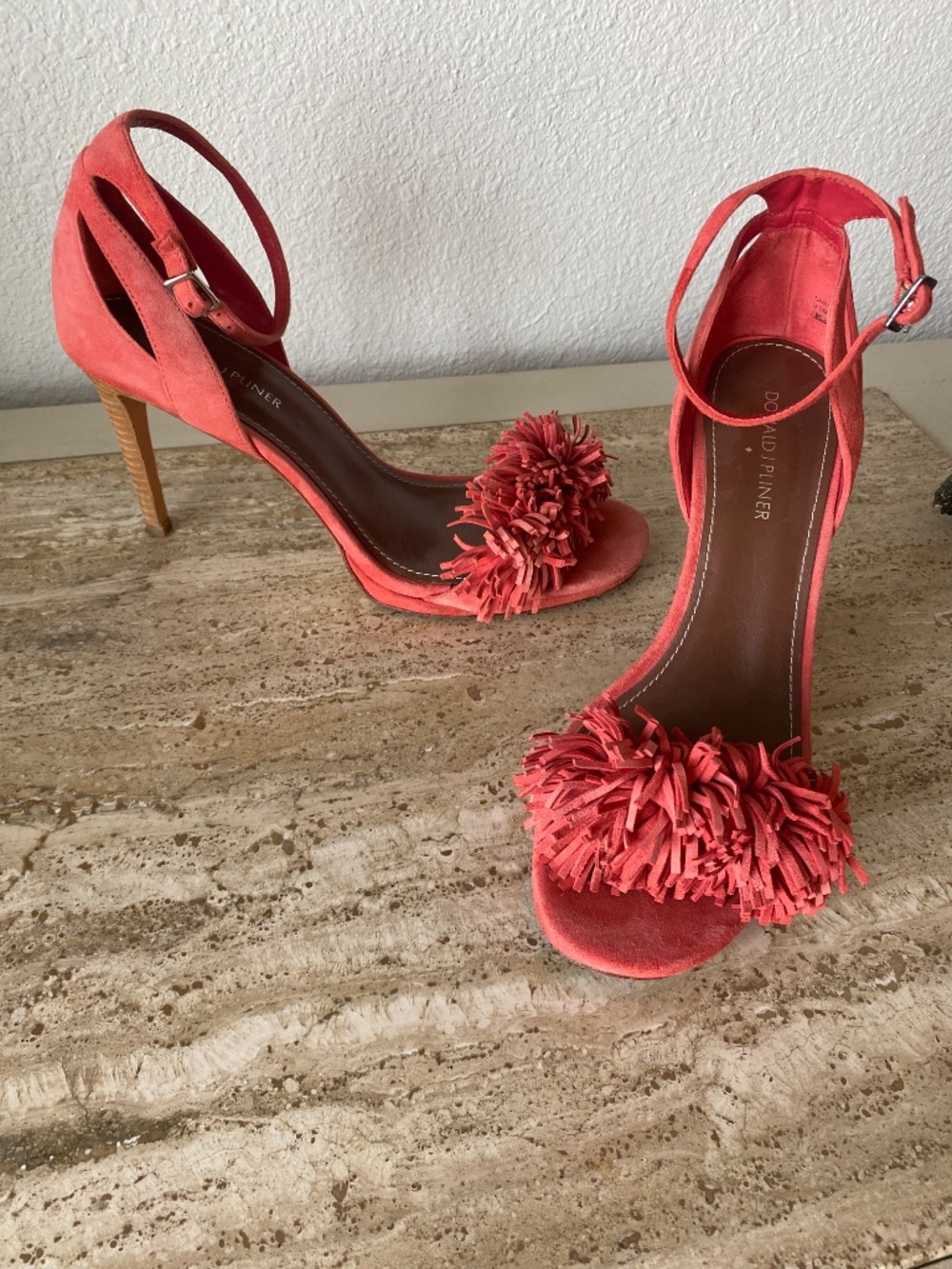 Donald J. Pliner Shayla Fringe Suede Coral Heel,  Platform Ankle Strap Sz 9.5